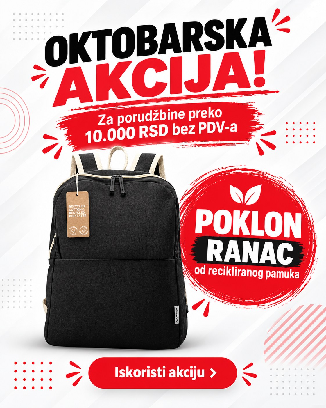 Oktobarska akcija - poklon ranac za porudžbine preko 10.000 RSD bez PDV-a
